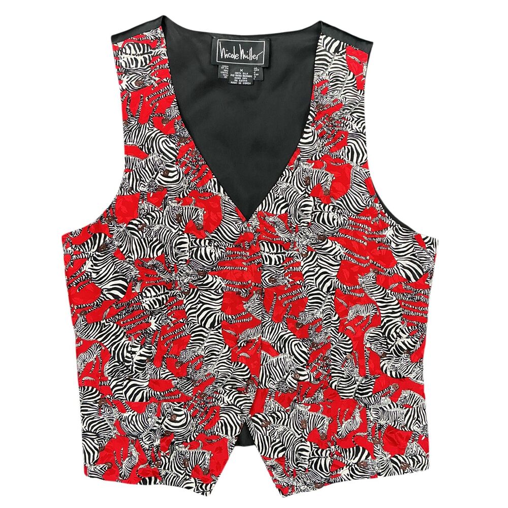 Vintage Nicole Miller Silk Vest Size M Quirky Zebra Novelty Print 90s Y2K Artsy